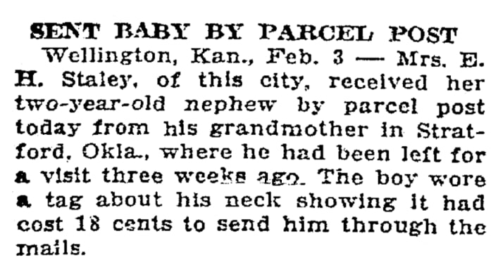 An article about mailing babies through the U.S. Parcel Post, Patriot newspaper 4 February 1914