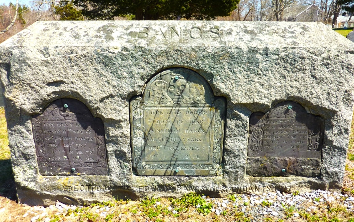 Photo: the grave makers of Jonathan Bangs (center), his first wife Mary (Mayo) Bangs (right), and his second wife Sarah Fitch (Crosby) Bangs (left). Credit: Kevin Murphy.