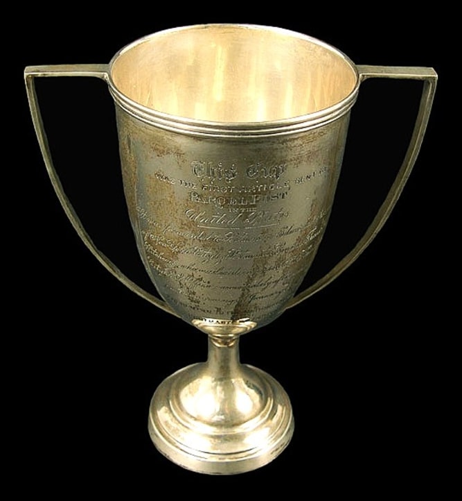 Photo: trophy cup mailed by Postmaster General Frank Hitchcock to Postmaster Morgan of New York City. Credit: Smithsonian National Postal Museum.