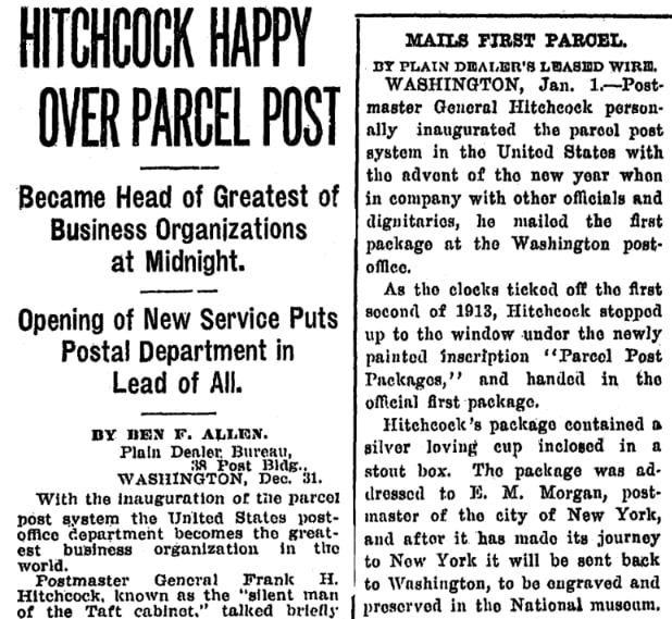 An article about mailing babies through the U.S. Parcel Post, Plain Dealer newspaper 1 January 1913