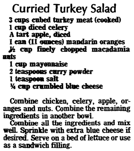 An article with a recipe for curried turkey salad, Rockford Register Star newspaper 22 November 1979