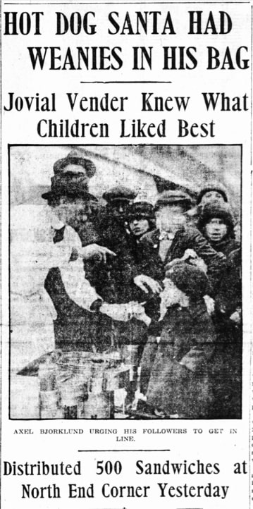 An article about Boston's "Hot Dog Santa," Boston Globe newspaper 27 December 1921