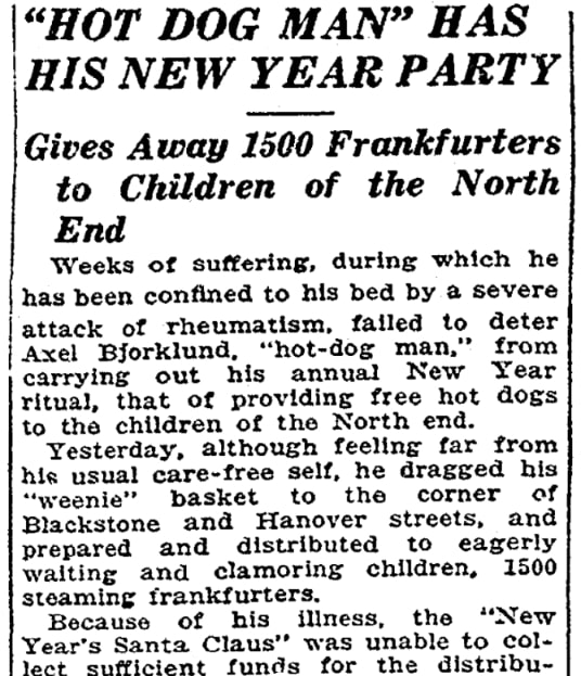 An article about Boston's "Hot Dog Santa," Boston Herald newspaper 2 January 1924