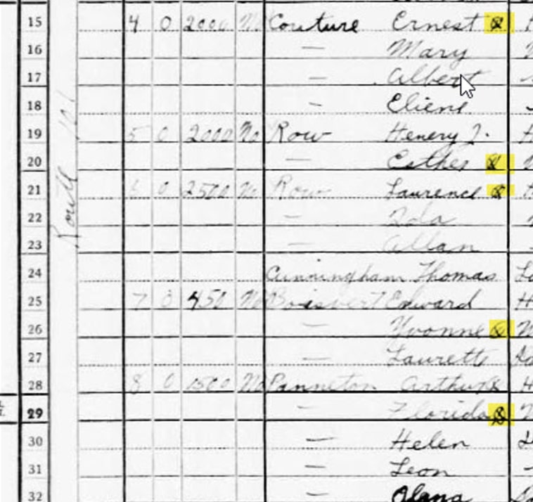 Photo: 1940 U.S. Census with X marks (highlighted in yellow) showing who the informant was for each family’s information.