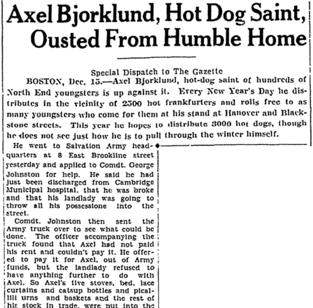 An article about Boston's "Hot Dog Santa," Evening Gazette newspaper 15 December 1928