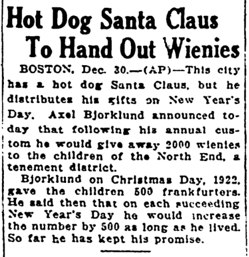 An article about Boston's "Hot Dog Santa," Evening Gazette newspaper 30 December 1925