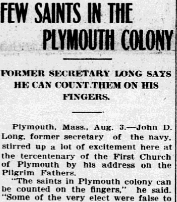 An article about the Plymouth Colony Pilgrims, Grand Forks Daily Herald newspaper 4 August 1906