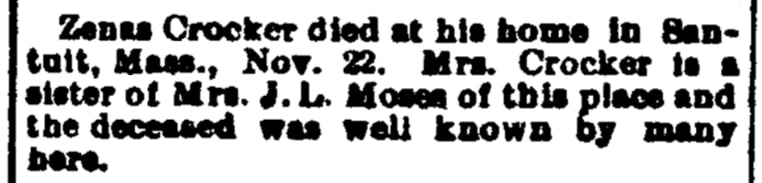 An article about Zenas Crocker, Herald and News newspaper 1 December 1898