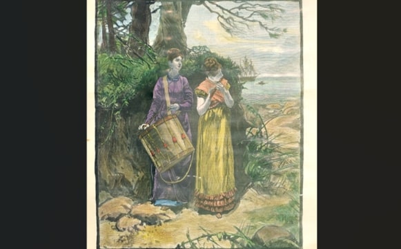 Illustration: the Bates sisters on the cover of “Harper’s Weekly,” 1878, illustration by E. A. Abbey. Credit: Scituate Historical Society.