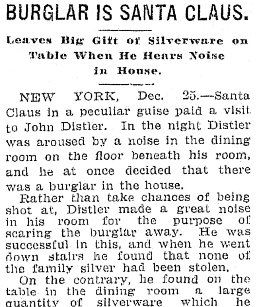 An article about a Santa Claus burglar, Plain Dealer newspaper 26 December 1907