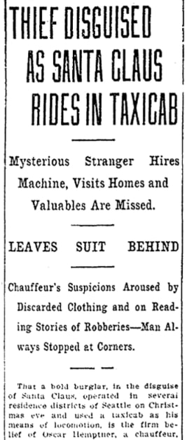 An article about a Santa Claus burglar, Seattle Post-Intelligencer newspaper 26 December 1912