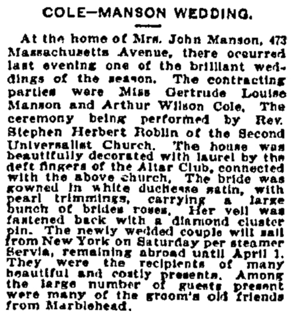 An article about the Cole-Manson wedding, Boston Journal newspaper 22 January 1896