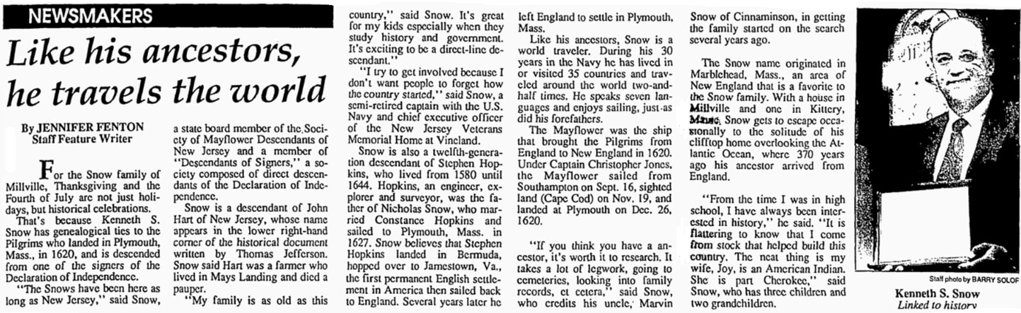 An article about Kenneth Snow Jr., Bridgeton Evening News newspaper 4 December 199