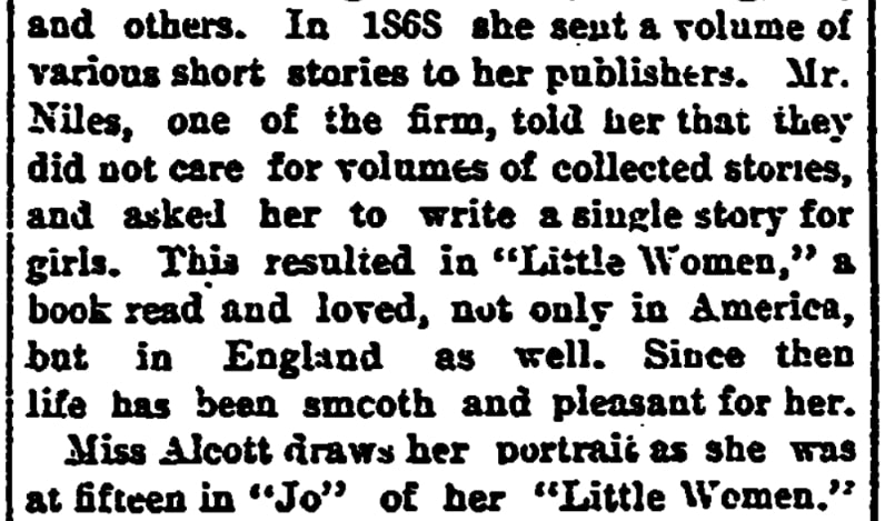An article about Louisa May Alcott's novel "Little Women," Cleveland Leader newspaper 26 January 1884