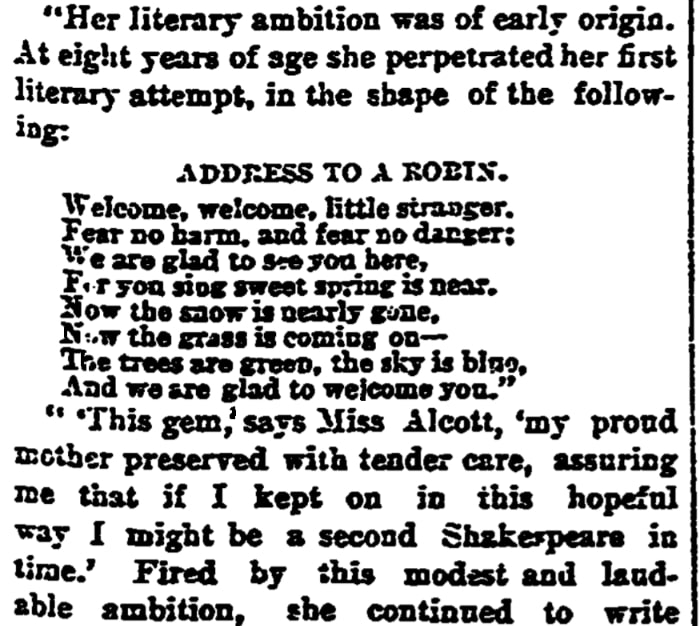An article about a poem from Louisa May Alcott, Cleveland Leader newspaper 26 January 1884