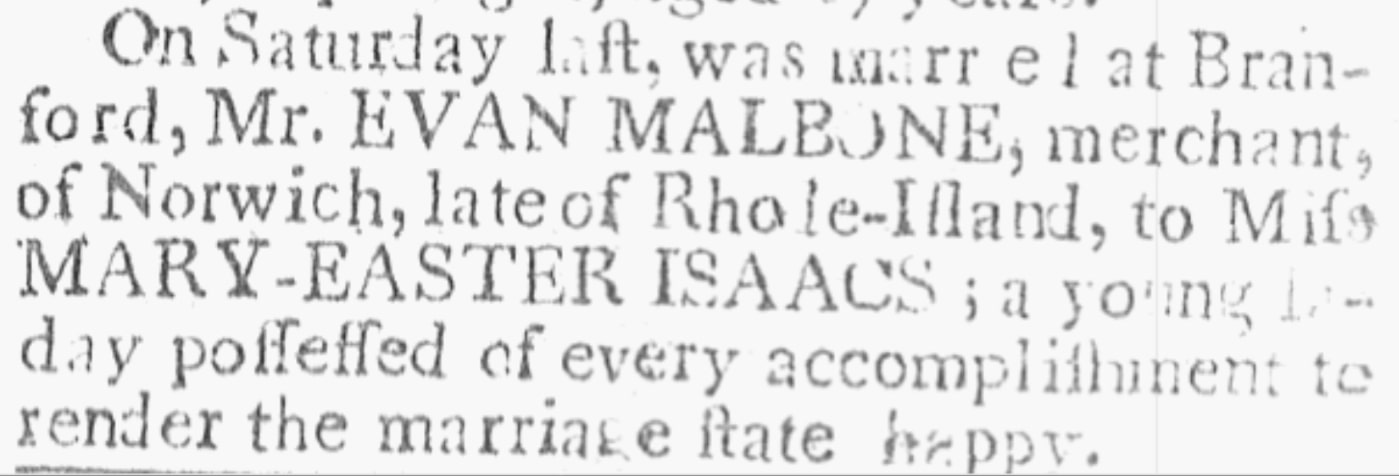 An article about the Malbone-Isaacs wedding, Connecticut Journal newspaper 18 October 1781