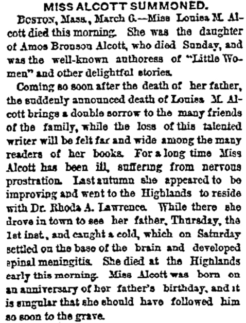 An article about Louisa May Alcott, Daily Inter Ocean newspaper 7 March 1888