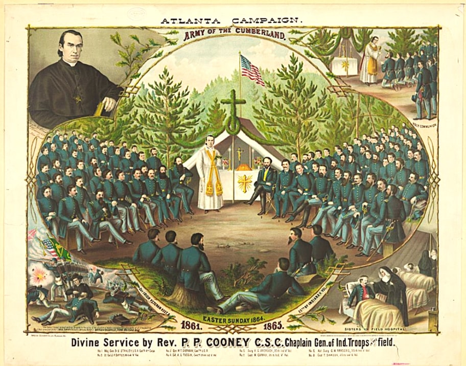 Illustration: “Divine Service by Rev. P.P. Cooney, C.S.C. Chaplain Gen. of Ind. Troops in the Field.” Credit: Library of Congress, Prints and Photographs Division.