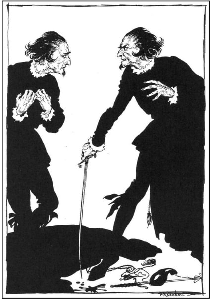 Illustration: William Wilson and his doppelgänger, in Edgar Allan Poe’s short story “William Wilson” (illustration by Arthur Rackham). Credit: Wikimedia Commons.