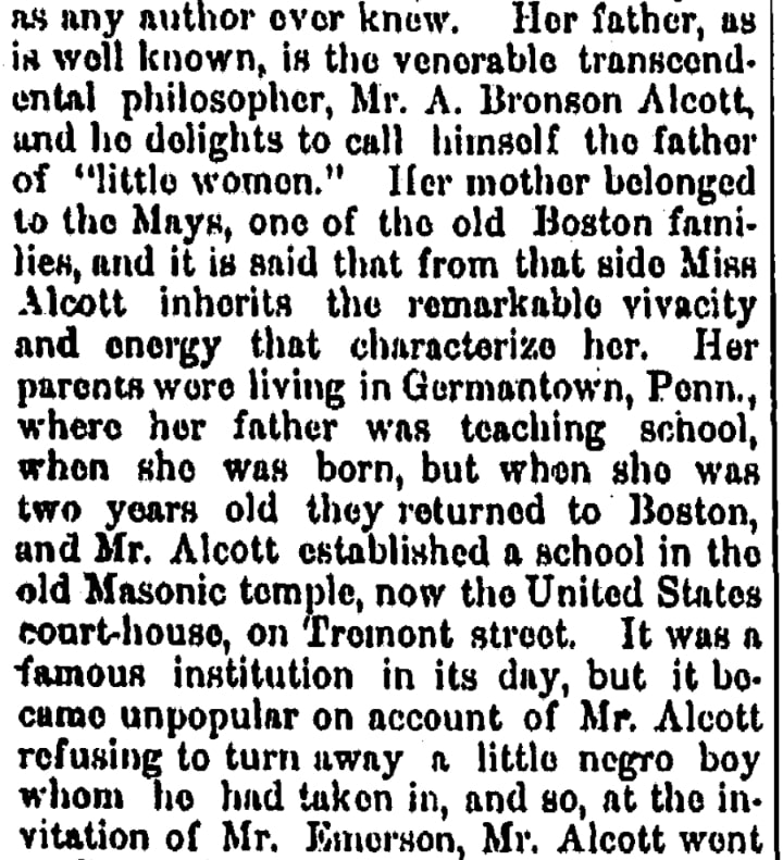 An article about Louisa May Alcott, Jackson Citizen newspaper 4 May 1880