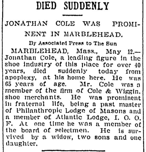An article about Jonathan Cole, Lowell Sun newspaper 13 May 1903