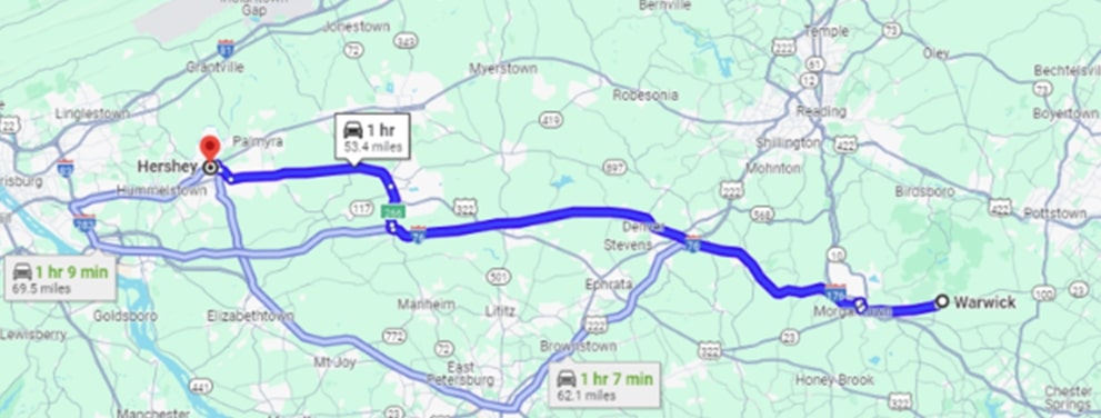 Map: Warwick to Hershey, Pennsylvania. Credit: Google Maps.