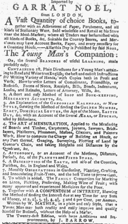 A book ad, New-York Gazette newspaper 1 February 1762
