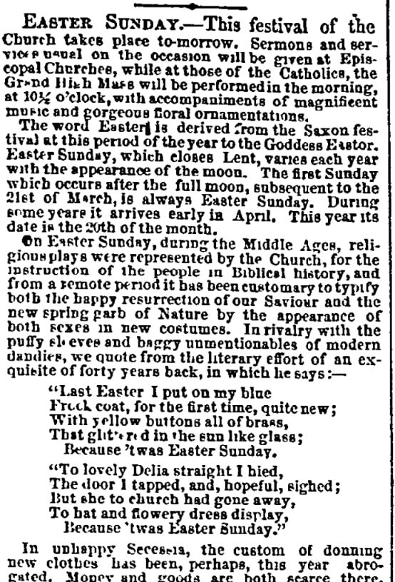 An article about Easter, Philadelphia Inquirer newspaper 19 April 1862