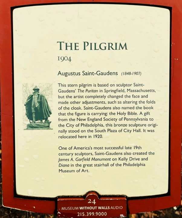 Photo: historical marker for “The Pilgrim” statue, Philadelphia, Pennsylvania. Marker Number 24. Credit: Devry Becker Jones and Historical Marker Database.