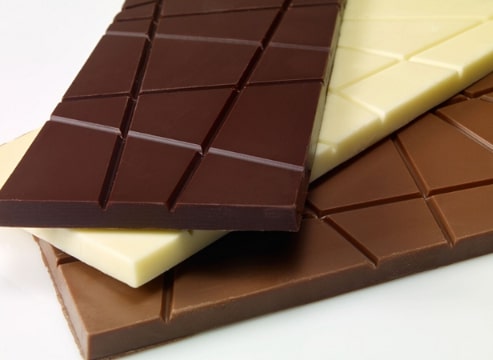 Photo: chocolate bars in their most common dark, white, and milk varieties. Credit: Lynnereal; Wikimedia Commons.