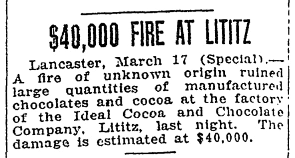 An article about a chocolate factory fire, Reading Eagle newspaper 17 March 1926