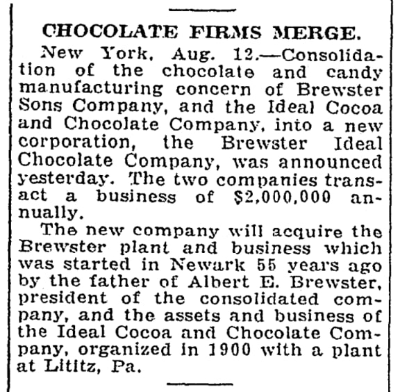 An article about chocolate, Reading Eagle newspaper 12 August 1927