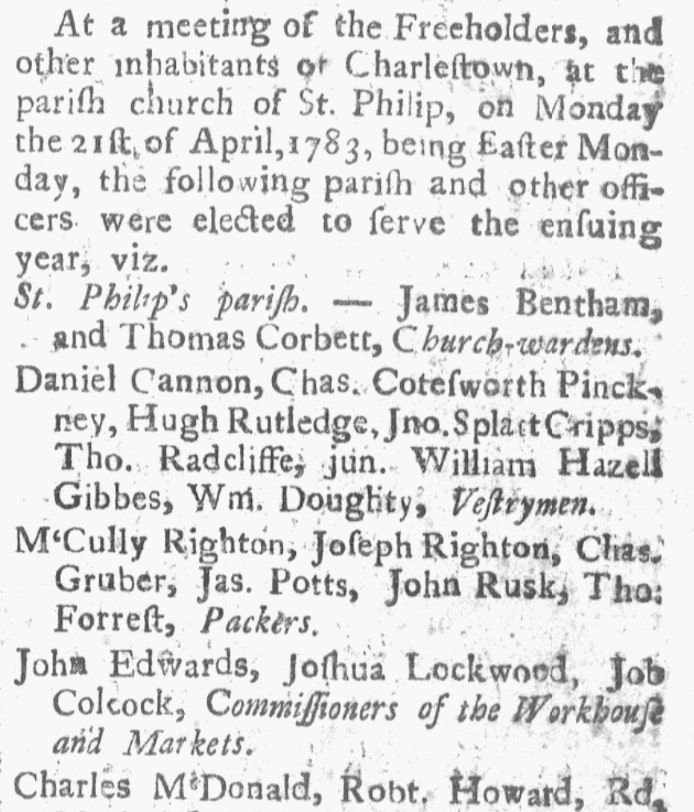 An article about political meetings, South-Carolina Gazette and General Advertiser newspaper 26 April 1783