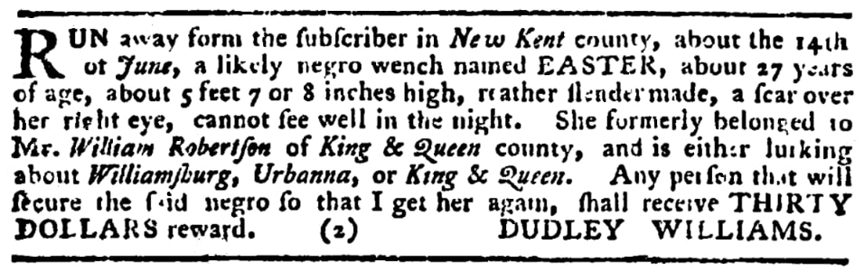 An article about a runaway slave, Virginia Gazette newspaper 13 November 1779