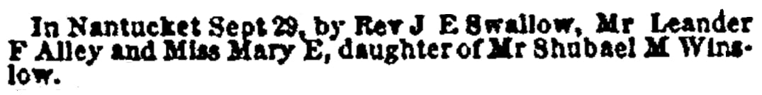 The Alley-Winslow wedding notice, American Traveller newspaper 10 October 1857