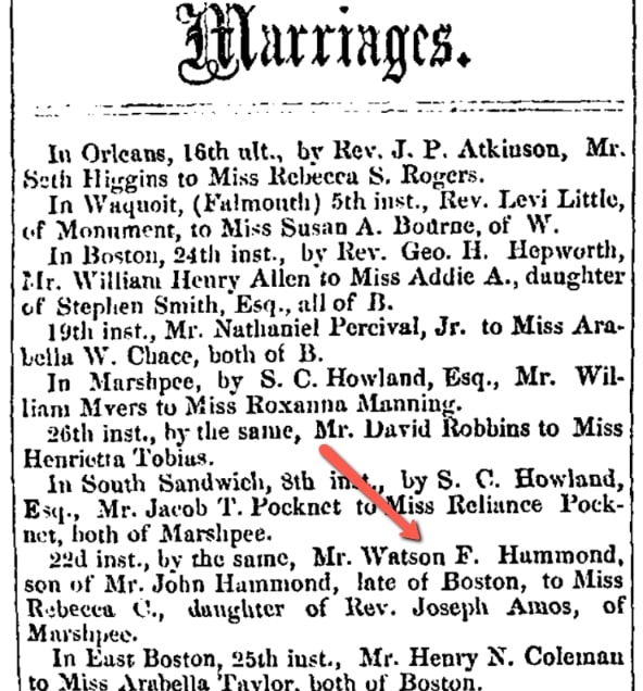 Marriage notices, Barnstable Patriot newspaper 31 January 1860