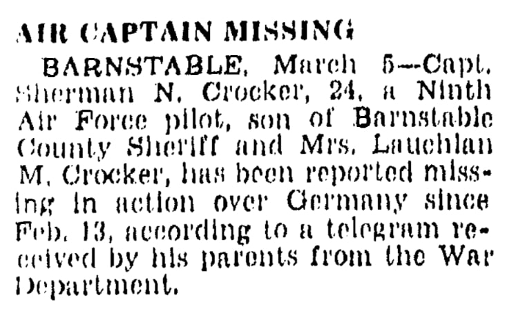 An article about Sherman Crocker, Boston Herald newspaper 6 March 1945