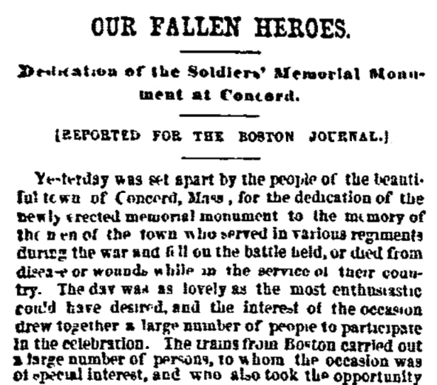An article about the Concord Civil War Monument, Boston Journal newspaper 20 April 1867