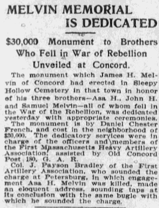 An article about the Melvin Monument, Boston Journal newspaper 17 June 1909