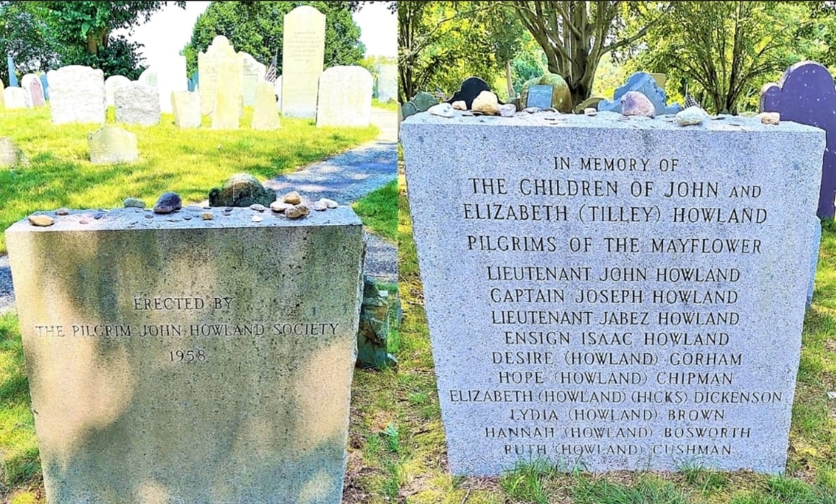 Photos: back and front views of the cenotaph erected for the Howland children at Burial Hill in Plymouth, Massachusetts. Credit: Walter Perro.