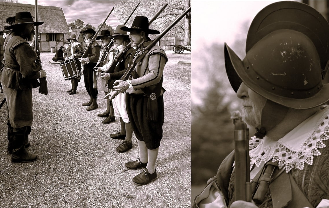 Photos: the New Plimmoth Gard, Plymouth Colony militia reenactors. Credit: New Plimmoth Gard.