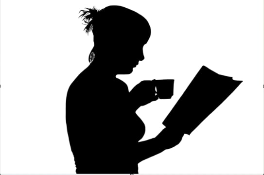 Illustration: woman reading a genealogy journal.
