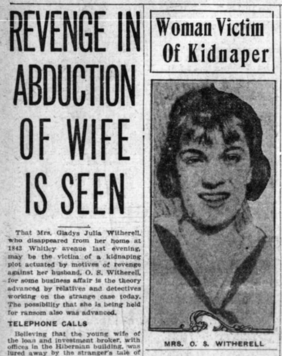 An article about the kidnapping of Gladys Witherell, Los Angeles Evening Express newspaper 26 January 1921
