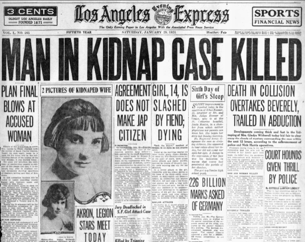 An article about the kidnapping of Gladys Witherell, Los Angeles Evening Express newspaper 29 January 1921