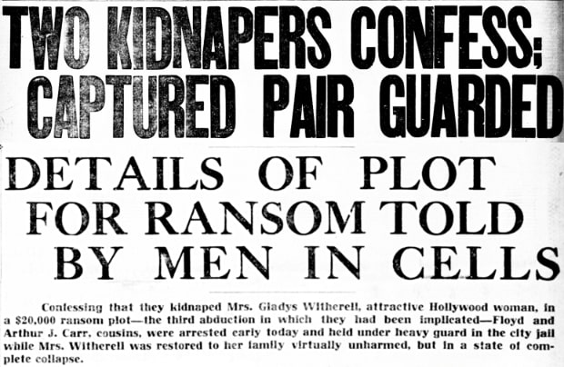 An article with details about the kidnapping of Gladys Witherell, Los Angeles Evening Herald newspaper 31 January 1921