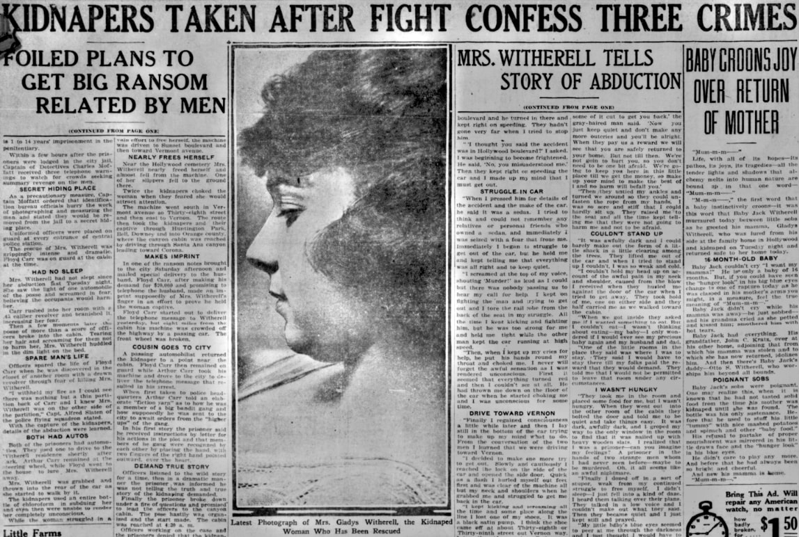 An article about the kidnapping of Gladys Witherell, Los Angeles Evening Herald newspaper 31 January 1921
