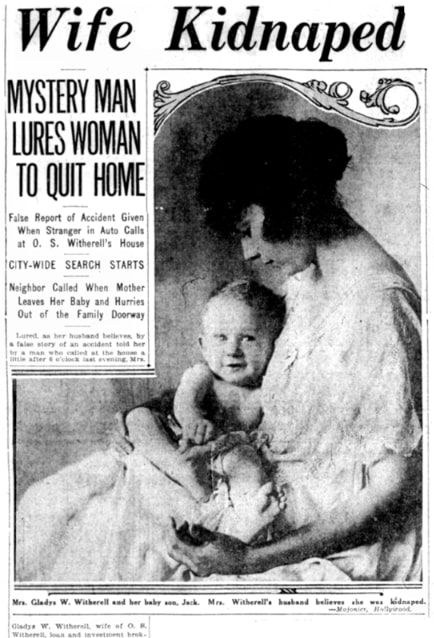 An article about the kidnapping of Gladys Witherell, Los Angeles Examiner newsspaper 26 January 1921