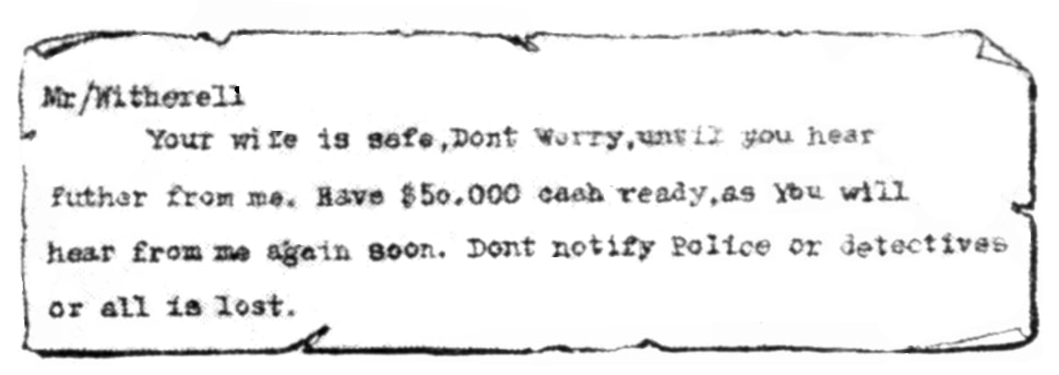 An article about the kidnapping of Gladys Witherell showing the ransom note, Los Angeles Examiner newsspaper 28 January 1921