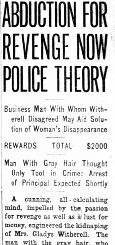 An article about the kidnapping of Gladys Witherell, Los Angeles Examiner newsspaper 28 January 1921