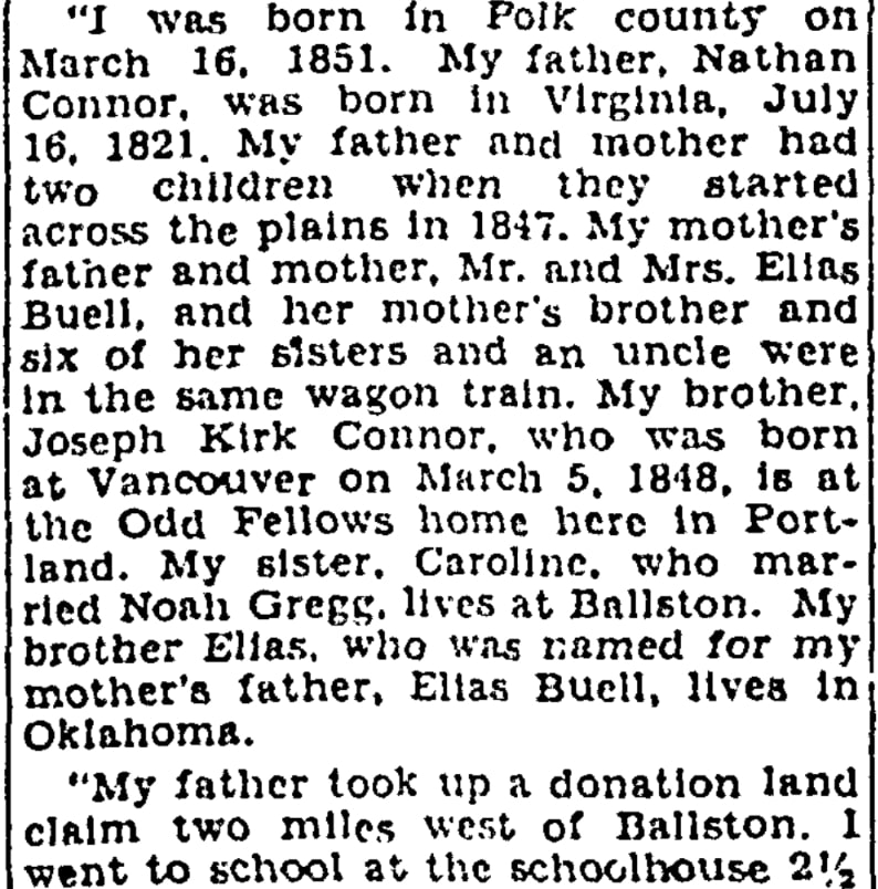 An article about Emeline Connor, Oregon Journal newspaper 26 January 1931